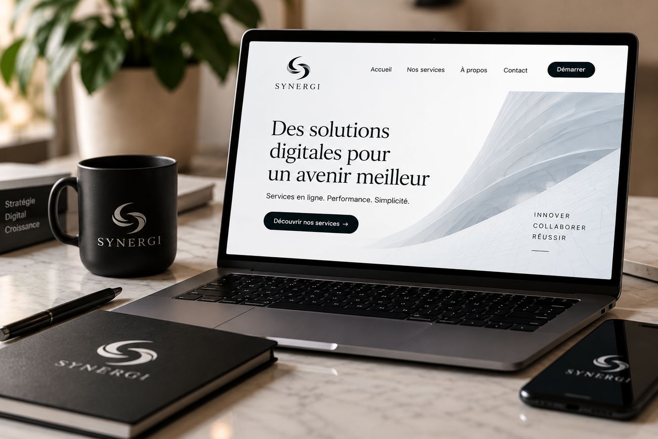 Ordinateur portable affichant un site conçu par Synergi, posé sur un bureau avec les supports de la marque.